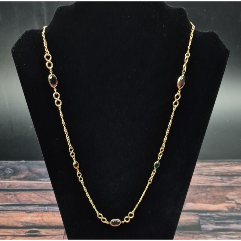 Vtg Gold Tone Station Necklace 25" Oval Stones Infinity Link Chain Jewelry